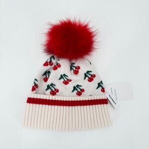 Old Navy Girls Off-White Knit Beanie Cherry Print Red Fur Pom-Pom Winter Hat NWT